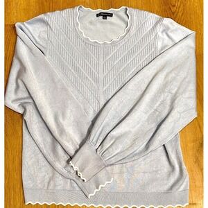 Adrianna Papell Womens Sky Blue Sweater Long Sleeve Scallop Trim Lg Chevron Crew